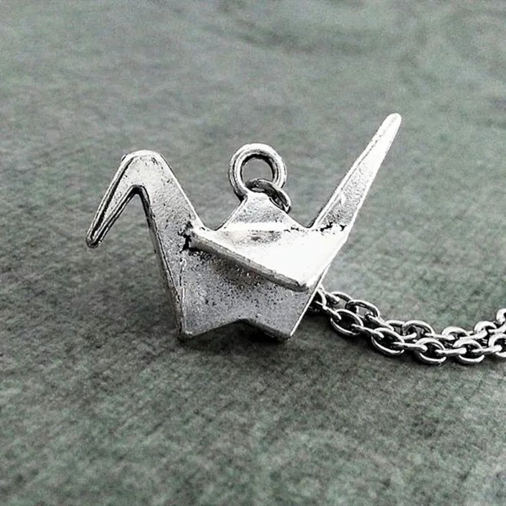 Silver Metal Origami Paper Crane Pendant Necklace